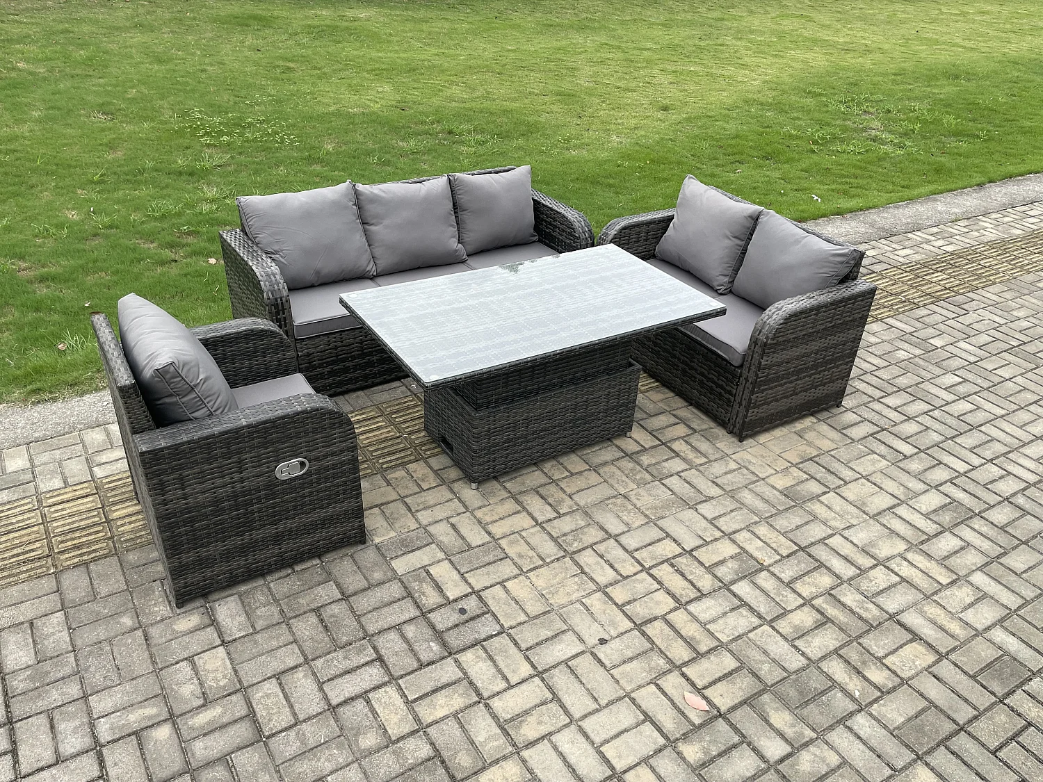 Salon de Jardin en Résine Ensemble Repas de Jardin Exterieur Table à manger réglable en hauteur avec Canapé 3 places Chaise inclinable Canapé d'amour