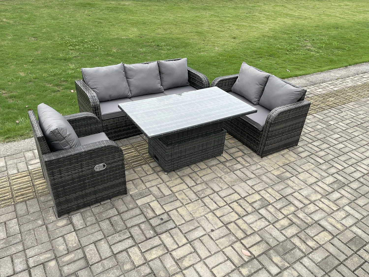 Salon de Jardin en Résine Ensemble Repas de Jardin Exterieur Table à manger réglable en hauteur avec Canapé 3 places Chaise inclinable Canapé d'amour