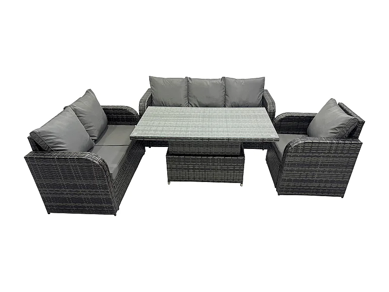 Salon de Jardin en Résine Ensemble Repas de Jardin Exterieur Table à manger réglable en hauteur avec Canapé 3 places Chaise inclinable Canapé d'amour