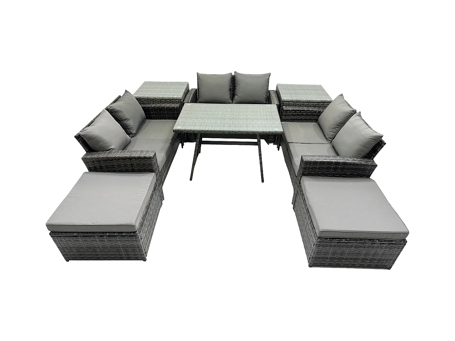 Salon de jardin avec Table à manger rectangulaire Canapé 2 places 2 Grand tabourets 2 Tables d'appoint Gris foncé mixte