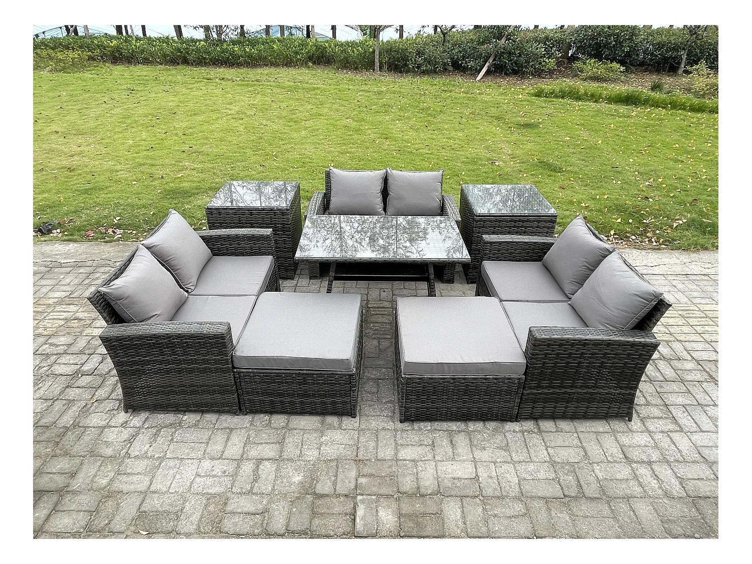 Salon de jardin avec Table à manger rectangulaire Canapé 2 places 2 Grand tabourets 2 Tables d'appoint Gris foncé mixte