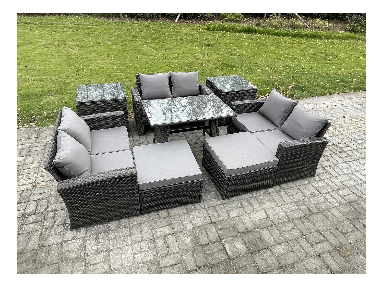 Salon de jardin avec Table à manger rectangulaire Canapé 2 places 2 Grand tabourets 2 Tables d'appoint Gris foncé mixte