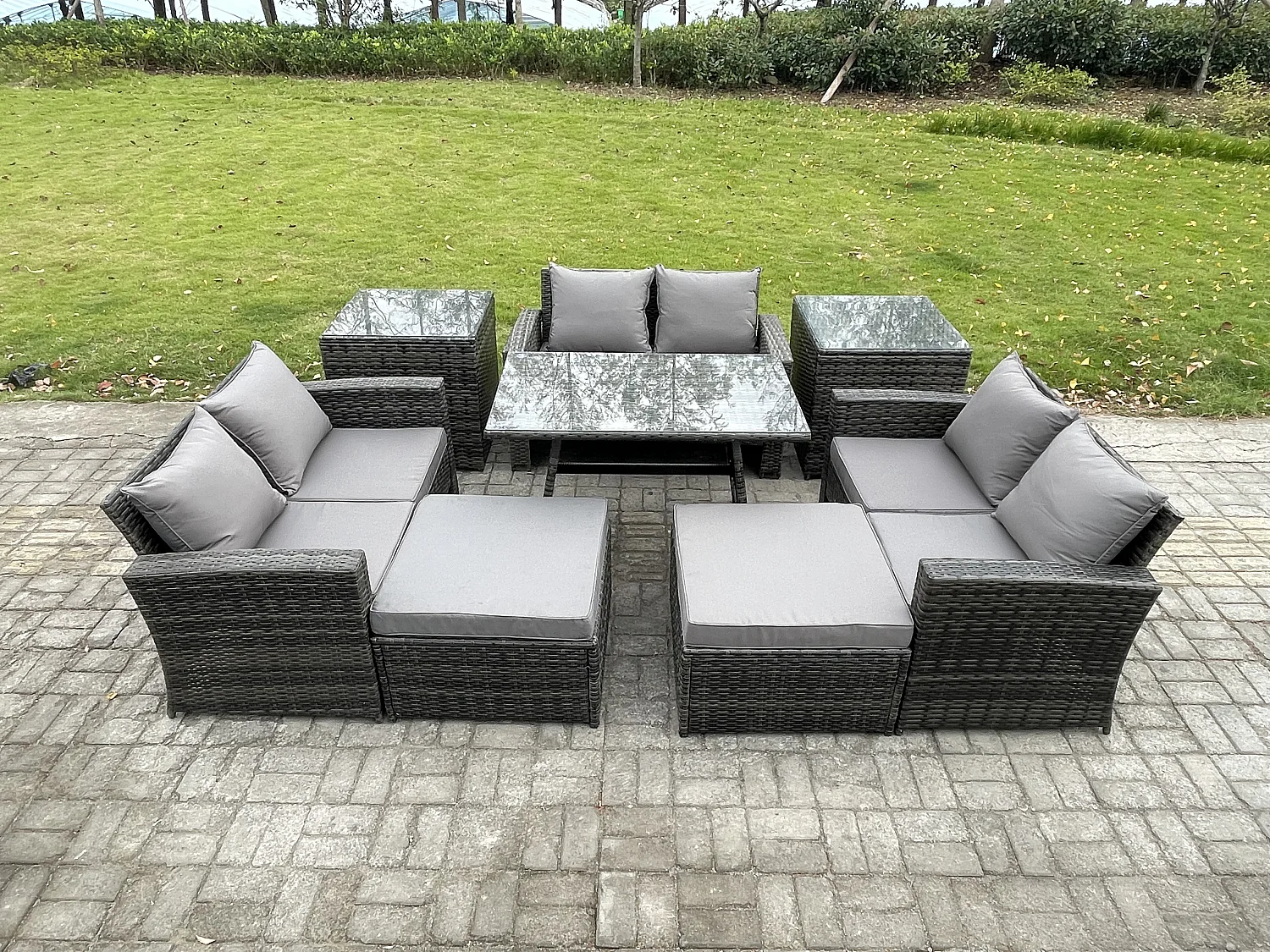 Garten Sofa im Freien Set Polyrattan Gartenmöbel Set mit Rechteckiger Esstisch 2 Seat Sofa 2 hohen Hockern 2 Beistelltischen Dunkelgrau Gemischt