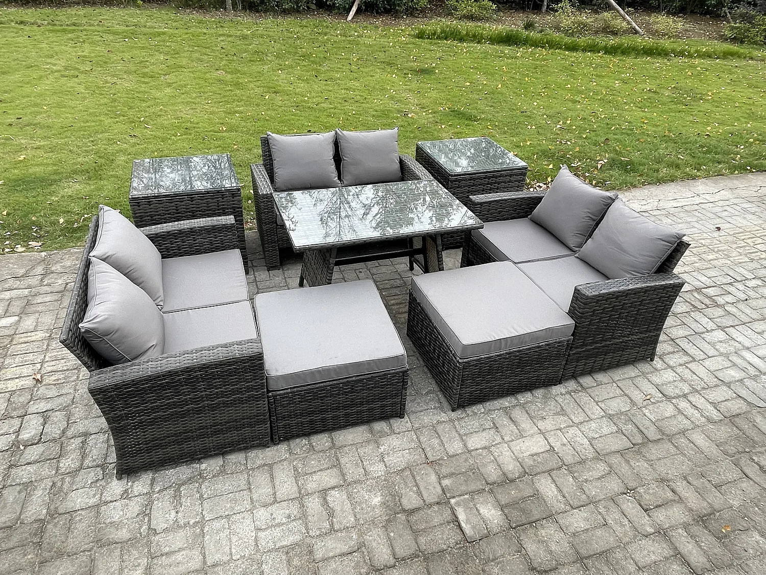 Garten Sofa im Freien Set Polyrattan Gartenmöbel Set mit Rechteckiger Esstisch 2 Seat Sofa 2 hohen Hockern 2 Beistelltischen Dunkelgrau Gemischt