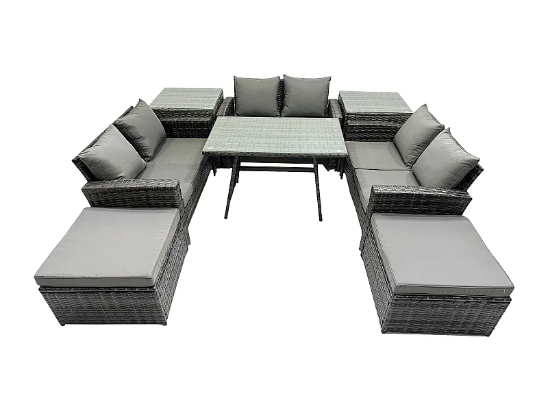 Garten Sofa im Freien Set Polyrattan Gartenmöbel Set mit Rechteckiger Esstisch 2 Seat Sofa 2 hohen Hockern 2 Beistelltischen Dunkelgrau Gemischt