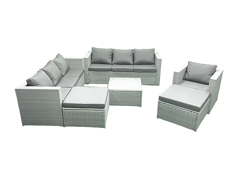 Meubles d'extérieur en rotin avec Fauteuil Table basse carrée 2 Grand tabourets Gris clair mixte