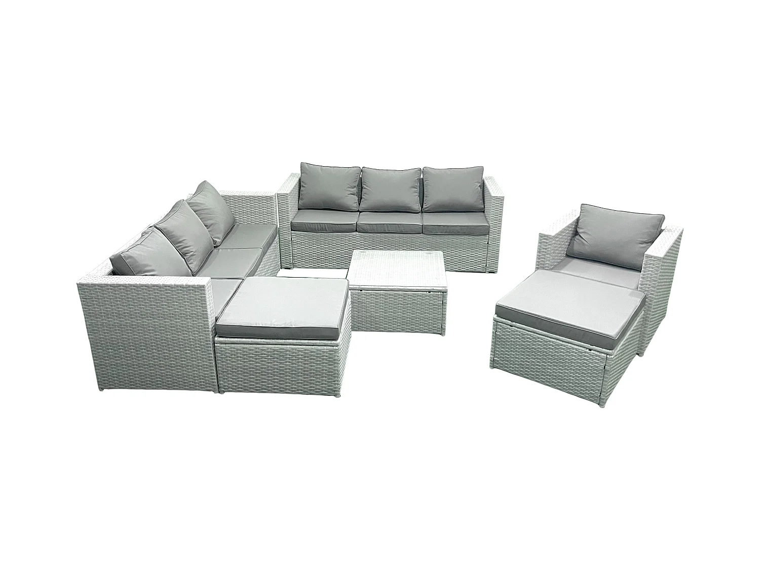 Polyrattan Sofa Gartenmöbel Set mit Sessel Quadratischer Couchtisch 2 hohen Hockern Hellgrau gemischt
