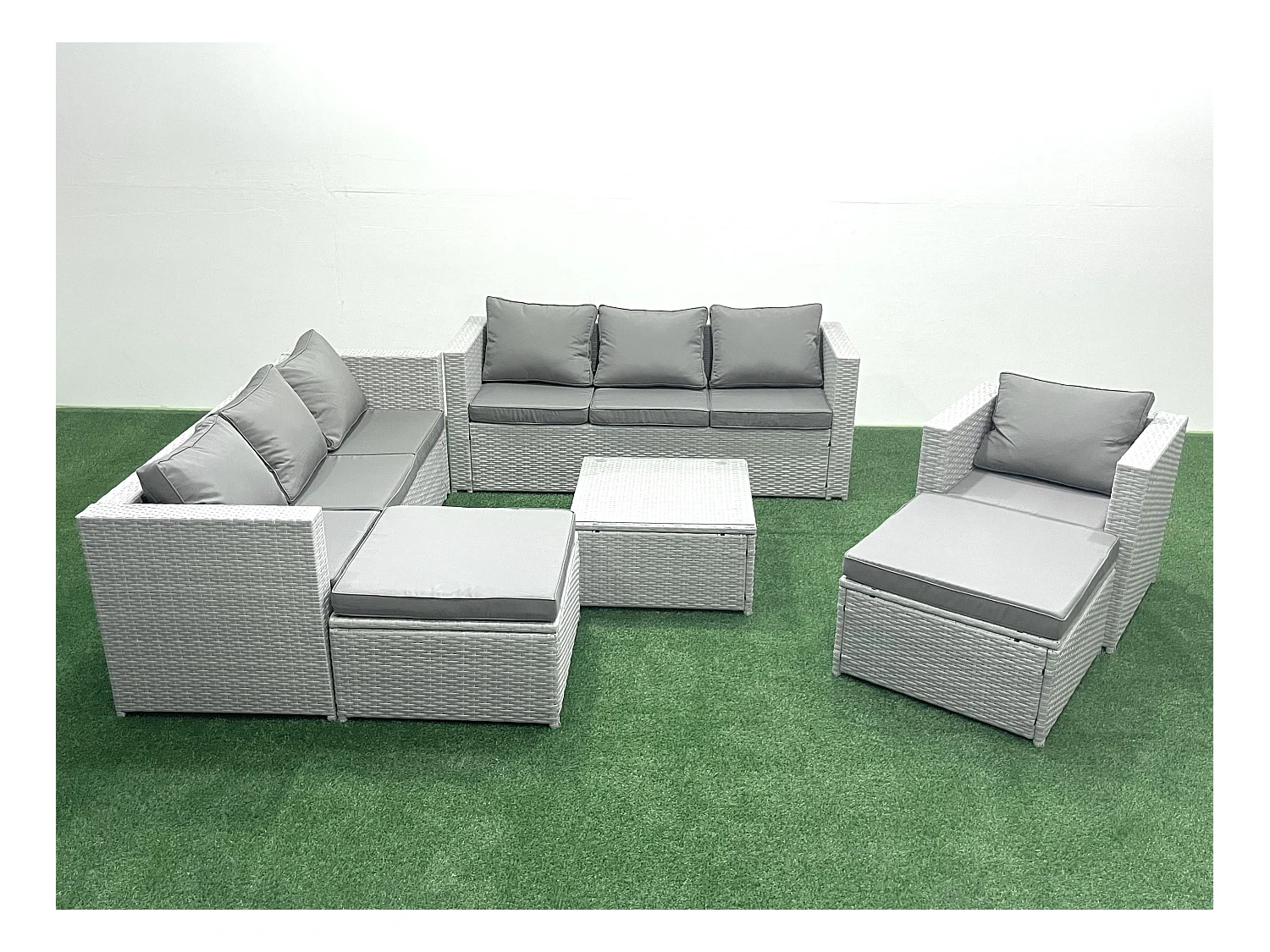 Polyrattan Sofa Gartenmöbel Set mit Sessel Quadratischer Couchtisch 2 hohen Hockern Hellgrau gemischt
