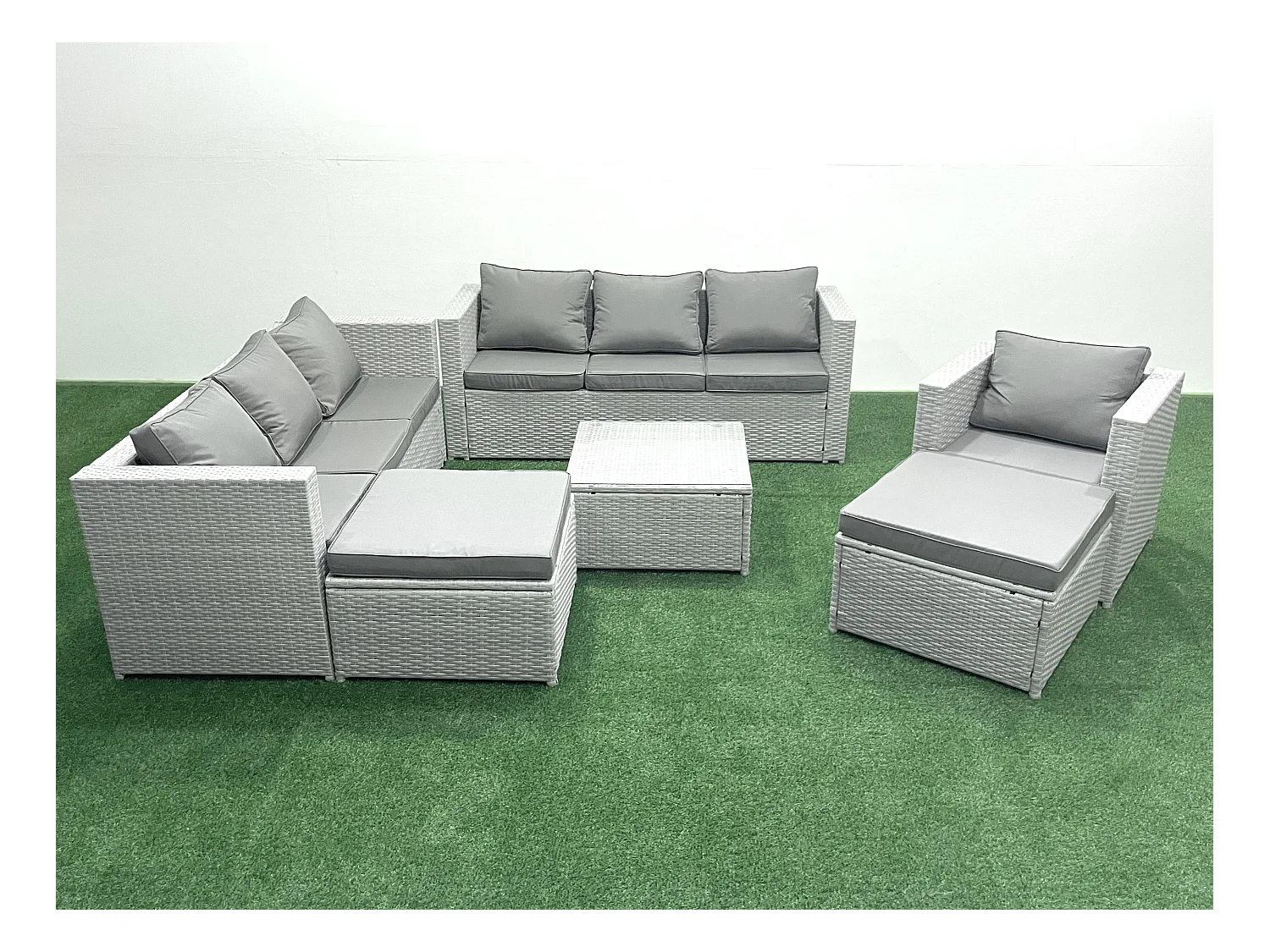 Polyrattan Sofa Gartenmöbel Set mit Sessel Quadratischer Couchtisch 2 hohen Hockern Hellgrau gemischt