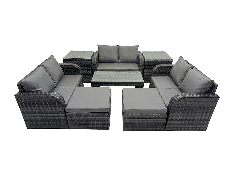 Gartenmöbel-Sets 8-Sitzer Polyrattan Möbel Sofa Sets mit Rechteckiger Couchtisch Loveseat Sofa 2 hohen Hockern 2 Beistelltischen