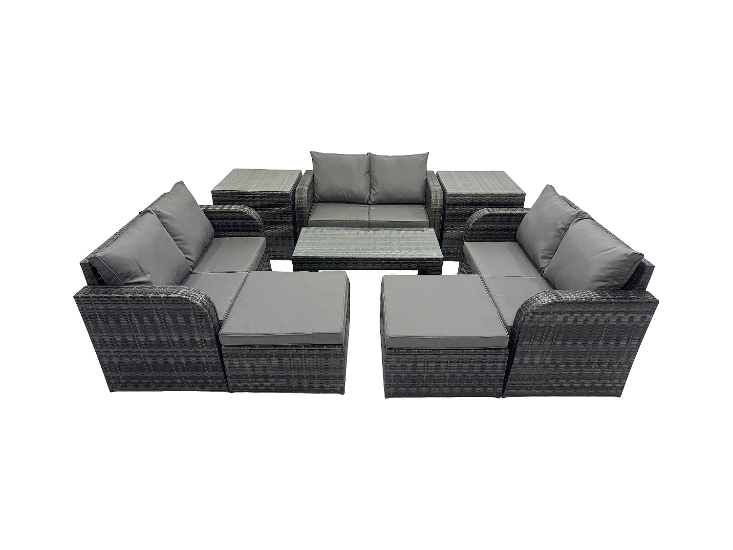 Gartenmöbel-Sets 8-Sitzer Polyrattan Möbel Sofa Sets mit Rechteckiger Couchtisch Loveseat Sofa 2 hohen Hockern 2 Beistelltischen
