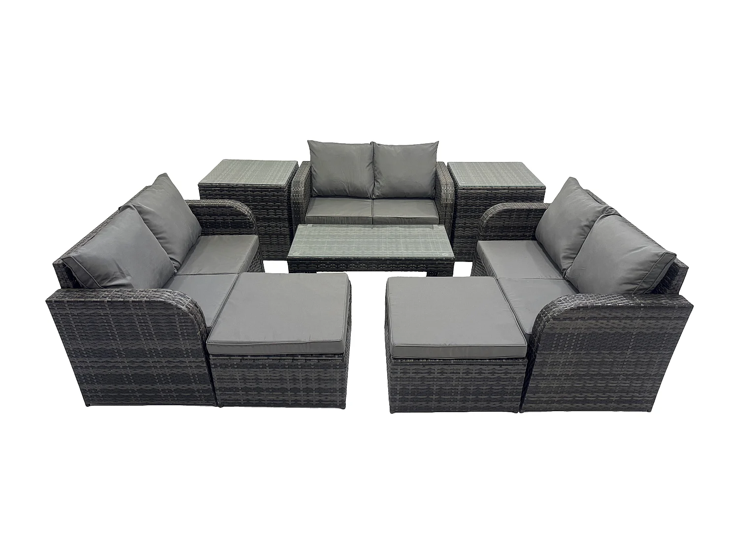 Gartenmöbel-Sets 8-Sitzer Polyrattan Möbel Sofa Sets mit Rechteckiger Couchtisch Loveseat Sofa 2 hohen Hockern 2 Beistelltischen