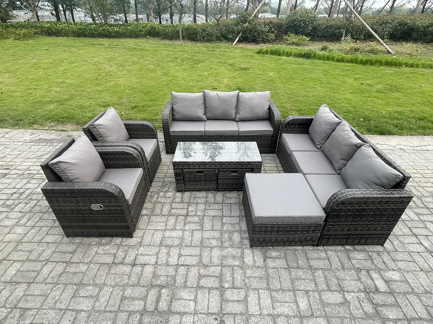 11-Sitzer Polyrattan Sofa Set Outdoor Patio Gartenmöbel mit 2 Liegestühle Couchtisch 3 Hockern Dunkelgrau Gemischt