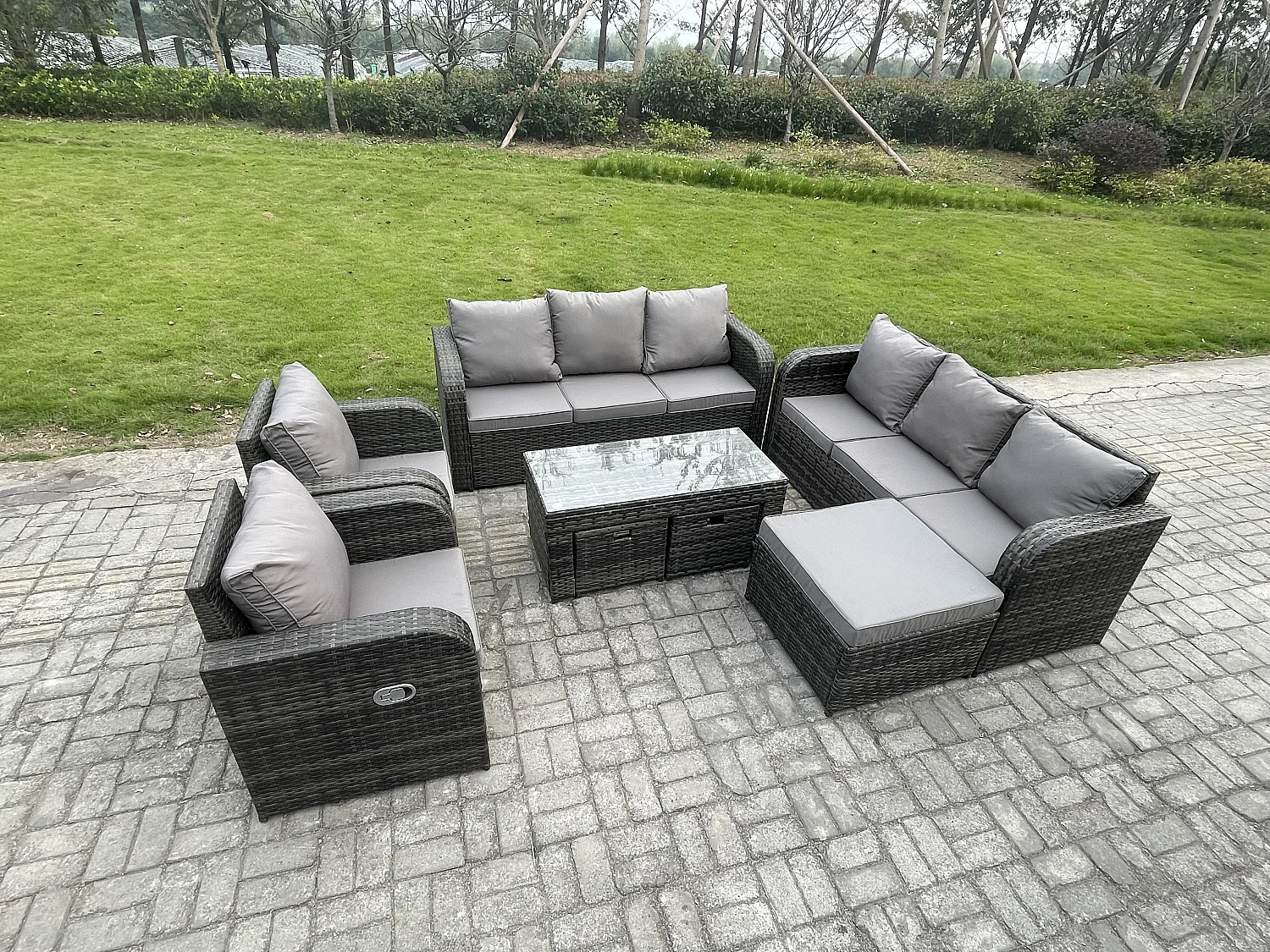 11-Sitzer Polyrattan Sofa Set Outdoor Patio Gartenmöbel mit 2 Liegestühle Couchtisch 3 Hockern Dunkelgrau Gemischt