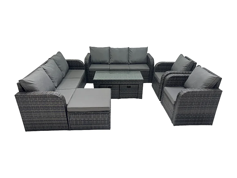 11-Sitzer Polyrattan Sofa Set Outdoor Patio Gartenmöbel mit 2 Liegestühle Couchtisch 3 Hockern Dunkelgrau Gemischt