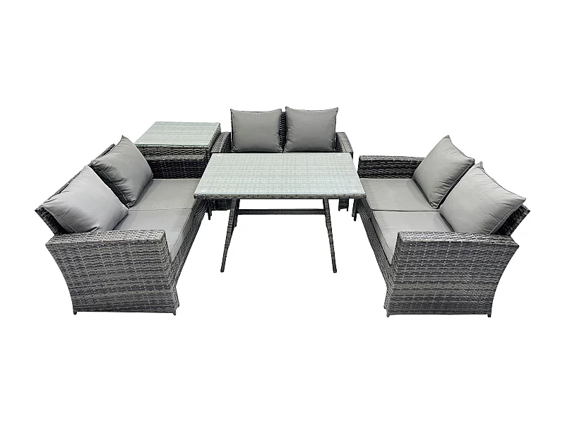 6-Sitzer Hoher Rücken Rattan Gartenmöbel Sets mit Rechteckiger Esstisch Loveseat Sofa Beistelltisch