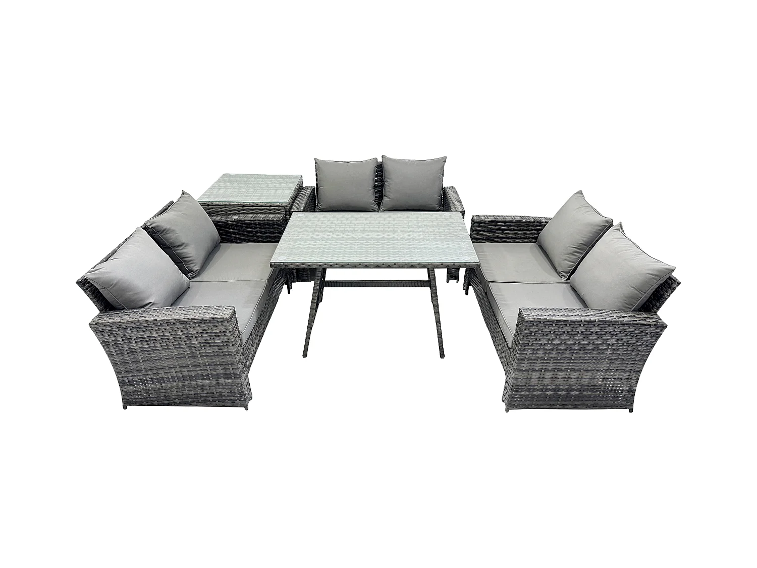 6-Sitzer Hoher Rücken Rattan Gartenmöbel Sets mit Rechteckiger Esstisch Loveseat Sofa Beistelltisch
