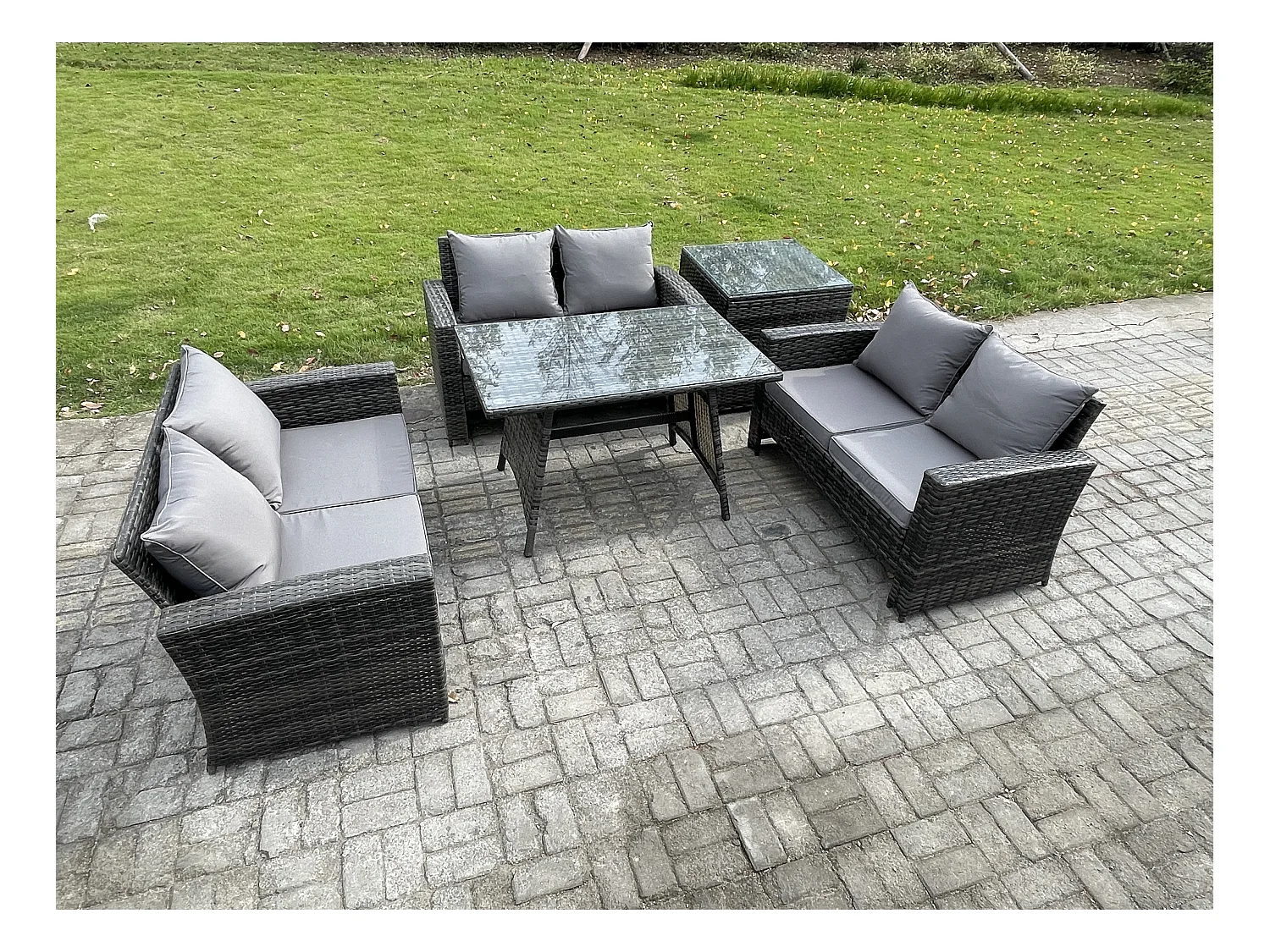 6-Sitzer Hoher Rücken Rattan Gartenmöbel Sets mit Rechteckiger Esstisch Loveseat Sofa Beistelltisch