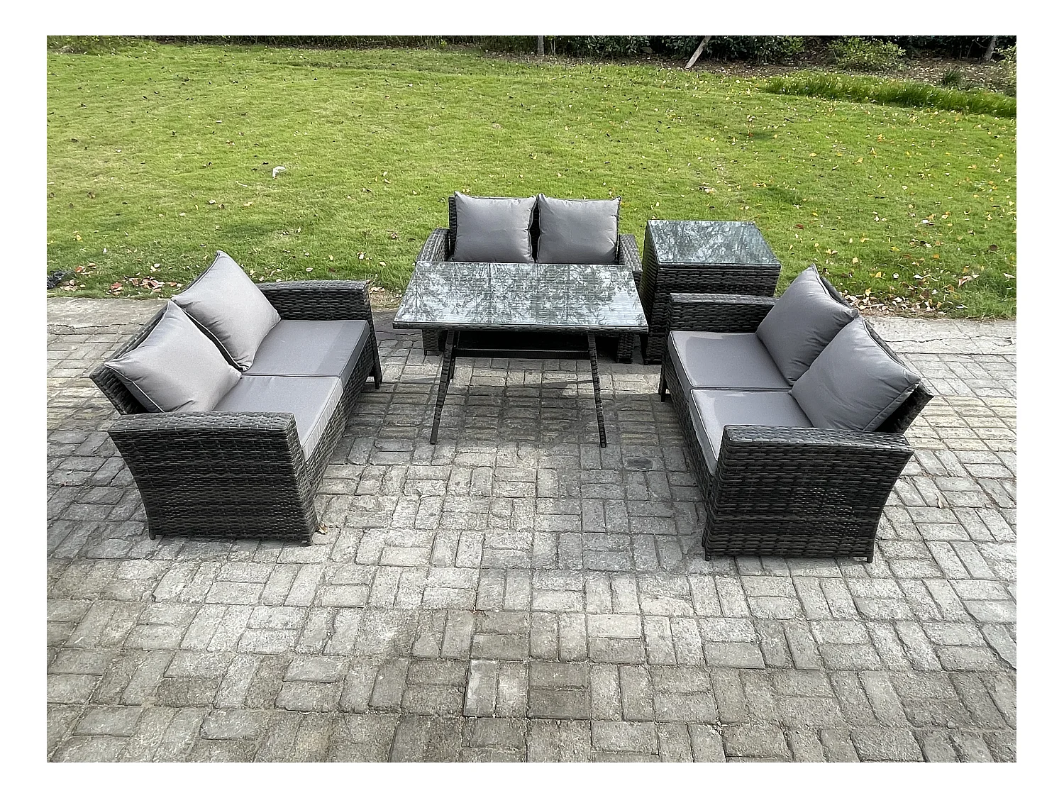 6-Sitzer Hoher Rücken Rattan Gartenmöbel Sets mit Rechteckiger Esstisch Loveseat Sofa Beistelltisch