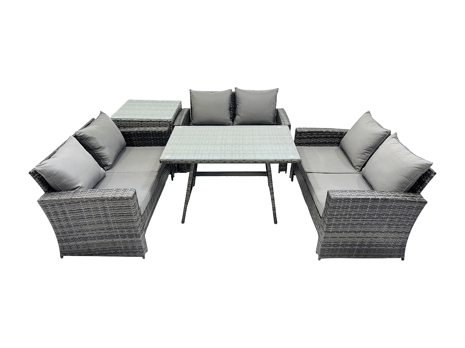 6-Sitzer Hoher Rücken Rattan Gartenmöbel Sets mit Rechteckiger Esstisch Loveseat Sofa Beistelltisch