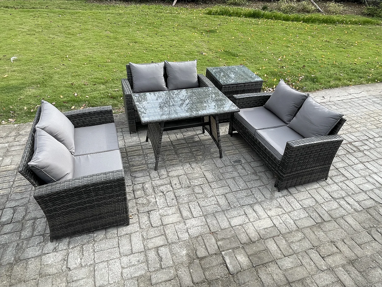 6-Sitzer Hoher Rücken Rattan Gartenmöbel Sets mit Rechteckiger Esstisch Loveseat Sofa Beistelltisch