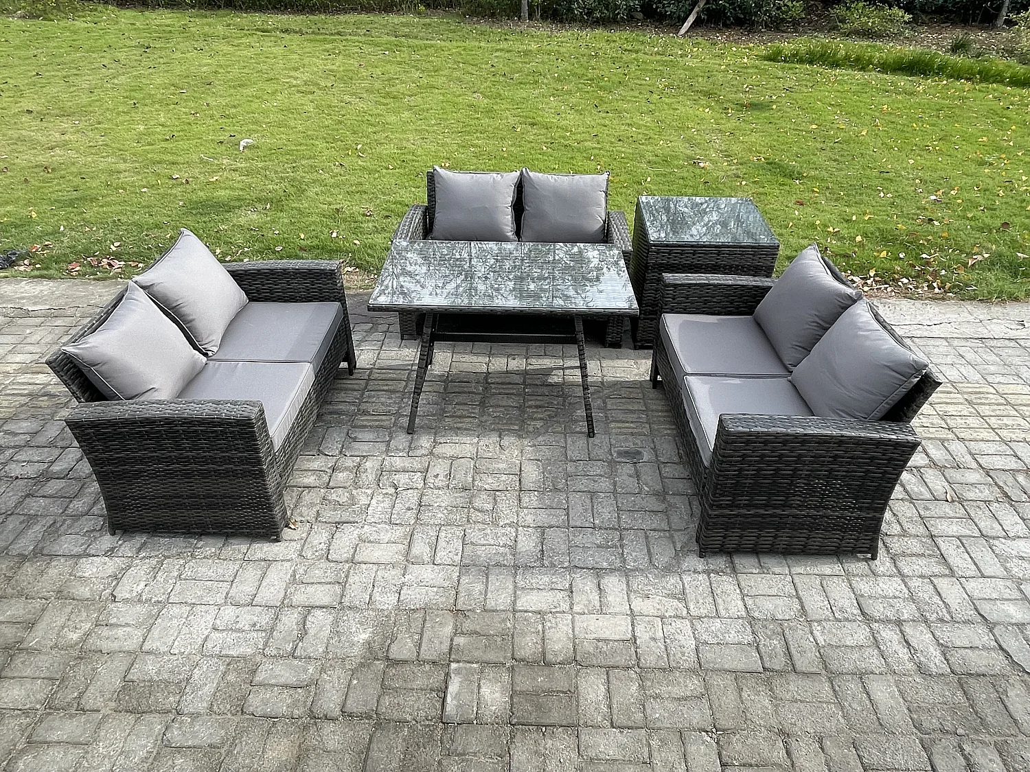 6-Sitzer Hoher Rücken Rattan Gartenmöbel Sets mit Rechteckiger Esstisch Loveseat Sofa Beistelltisch