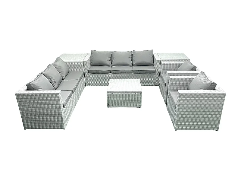 Rattan Sofa Gartenmöbel Set mit 2 Sesseln Quadratischer Couchtisch 2 Beistelltischen Hellgrau gemischt