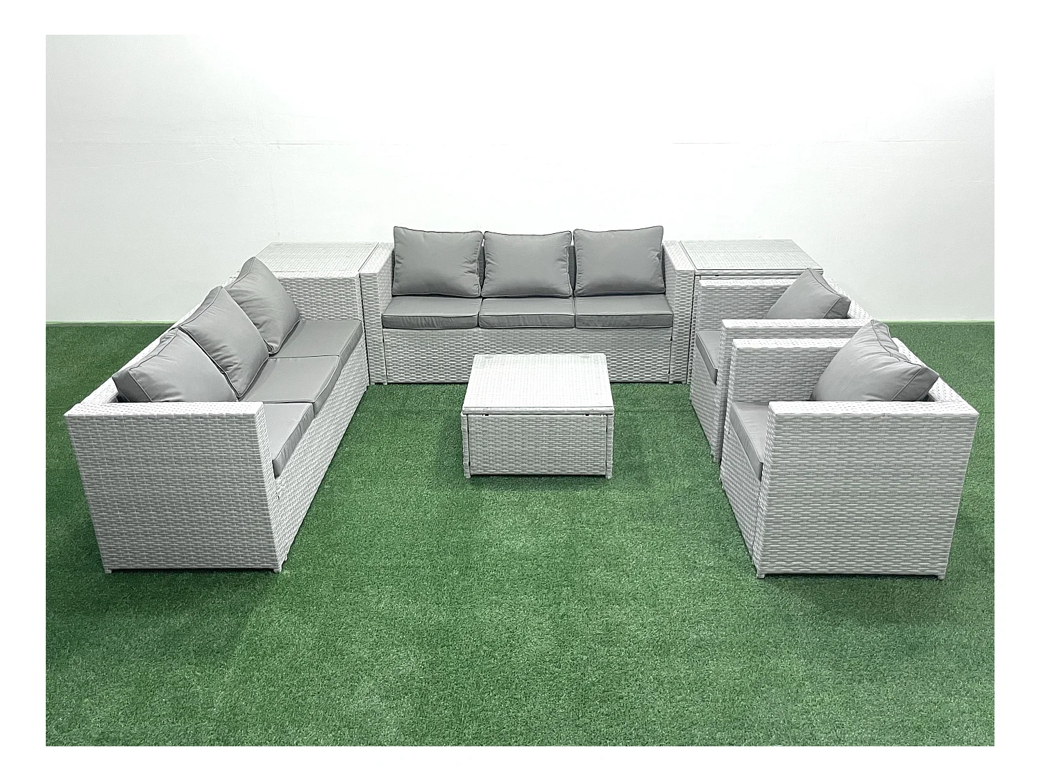 Rattan Sofa Gartenmöbel Set mit 2 Sesseln Quadratischer Couchtisch 2 Beistelltischen Hellgrau gemischt