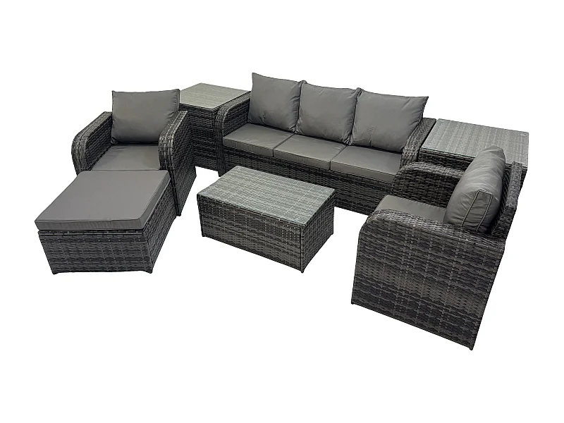 Salon de jardin exterieur Ensemble de canapés en rotin avec Chaise inclinable Table basse rectangulaire 2 Tables d'appoint Grand tabourets Gris foncé mixte