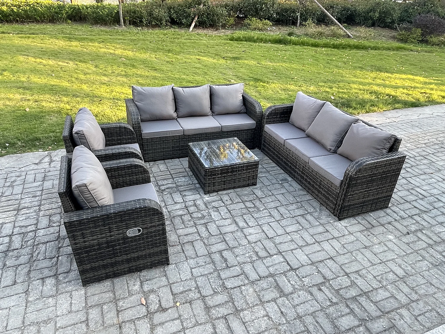 Hoher Rücken Polyrattan Gartenmöbel Set mit Quadratischer Couchtisch Garten Lounge Set Dunkelgrau Gemischt