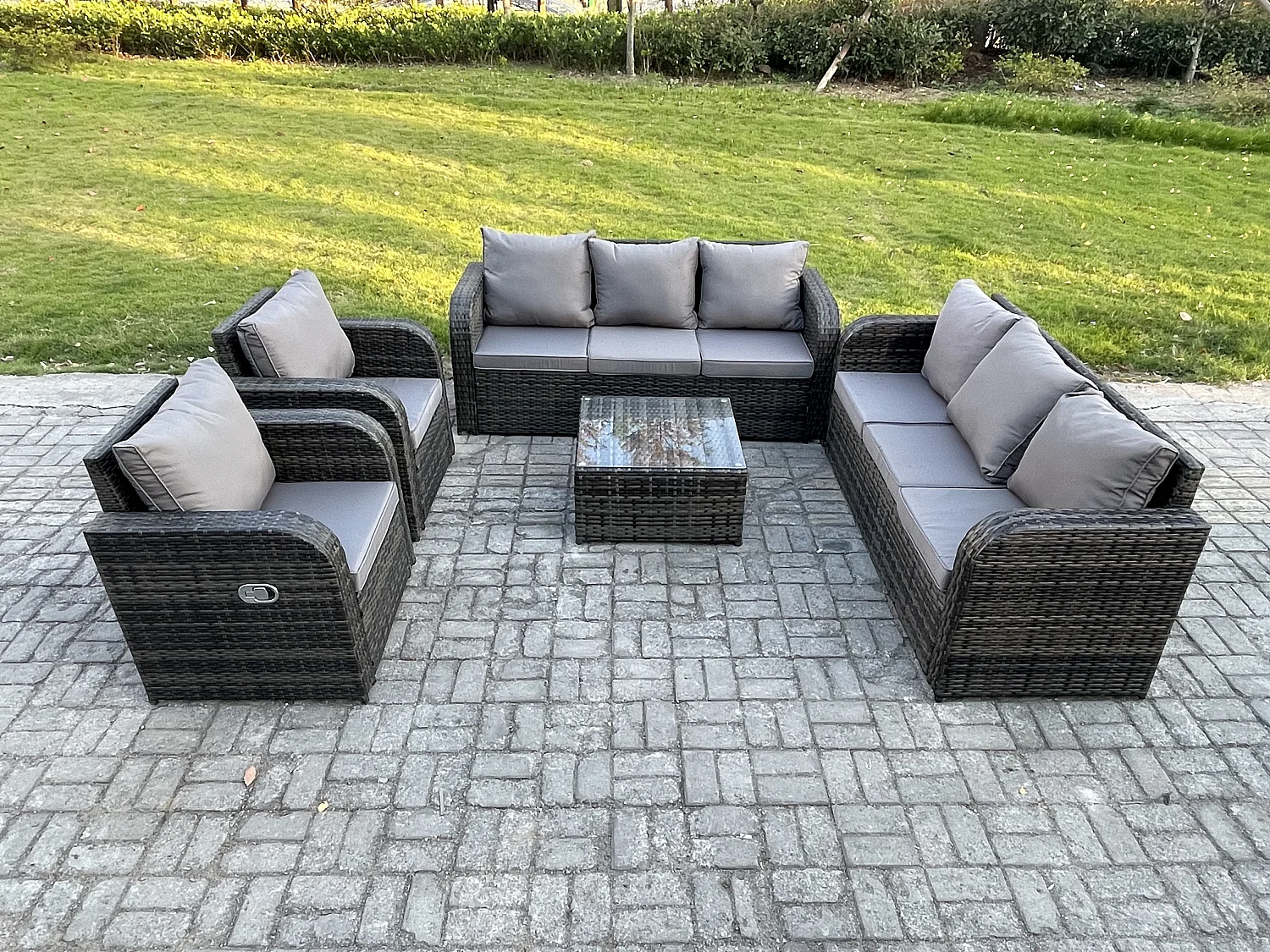 Hoher Rücken Polyrattan Gartenmöbel Set mit Quadratischer Couchtisch Garten Lounge Set Dunkelgrau Gemischt