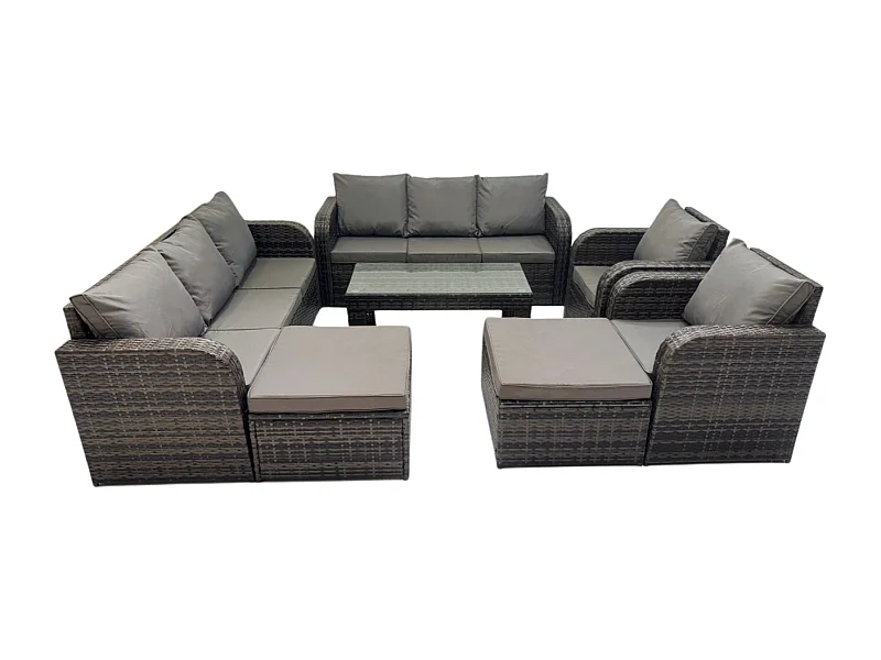 Hoher Rücken Rattan Gartenmöbel Sets mit Rechteckiger Couchtisch Liegestühle 2 hohen Hockern