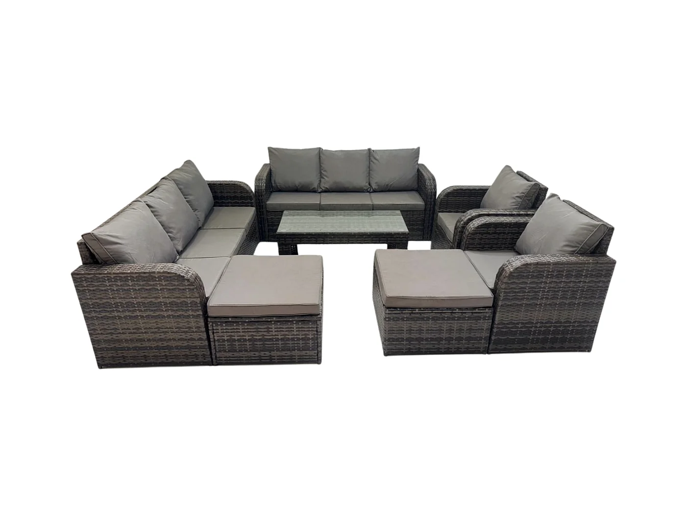 Hoher Rücken Rattan Gartenmöbel Sets mit Rechteckiger Couchtisch Liegestühle 2 hohen Hockern