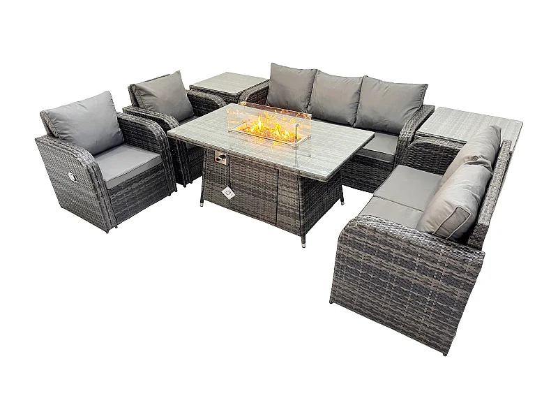 7-Sitzer Polyrattan Gartenmöbelset Gasfeuerstelle Esstisch und Sofa Sessel set mit 2 Beistelltischen