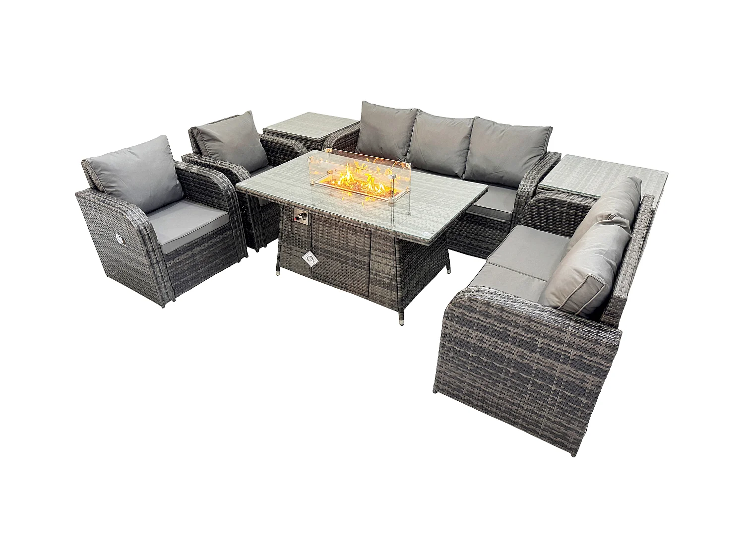 7-Sitzer Polyrattan Gartenmöbelset Gasfeuerstelle Esstisch und Sofa Sessel set mit 2 Beistelltischen