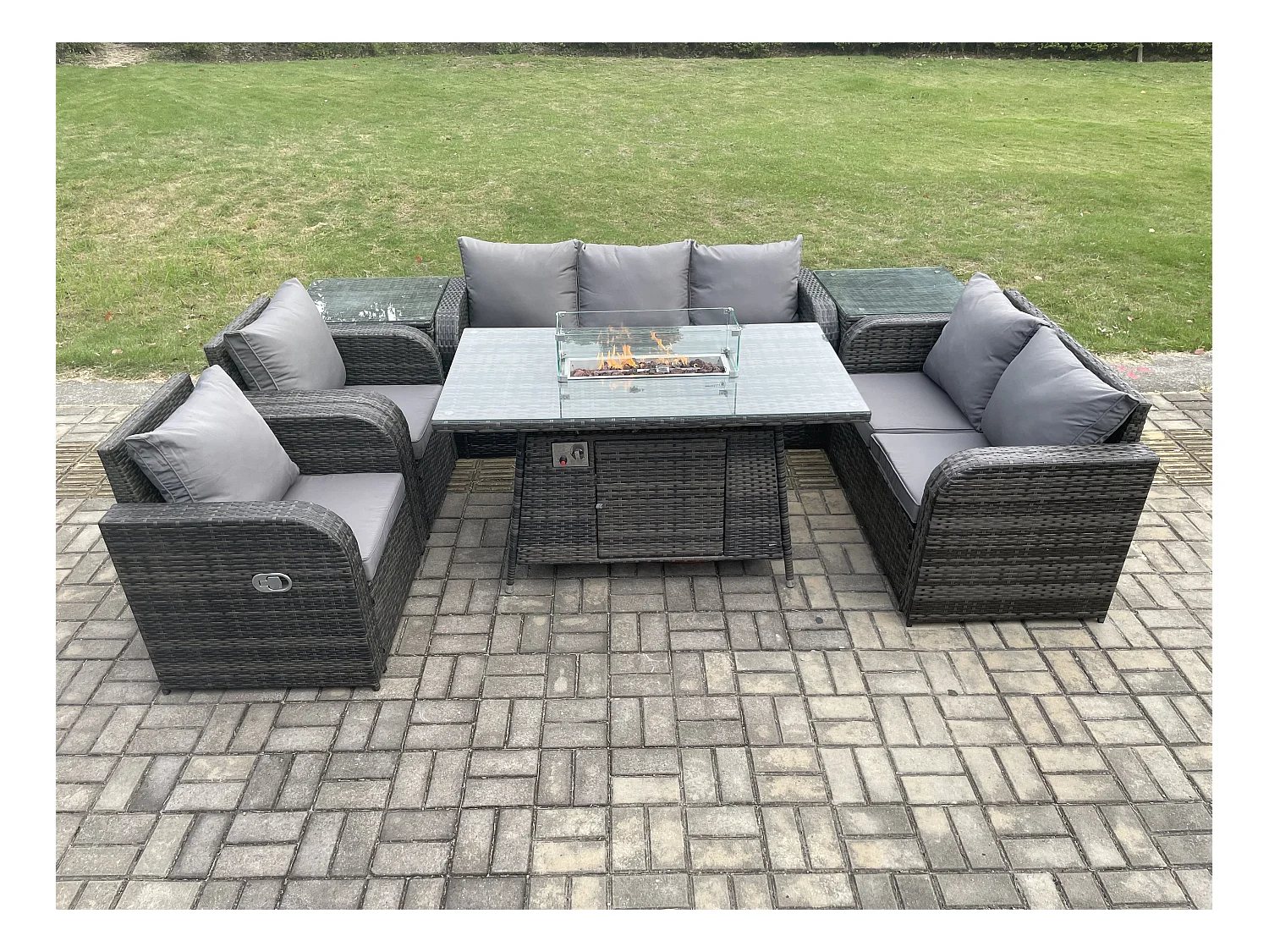 7-Sitzer Polyrattan Gartenmöbelset Gasfeuerstelle Esstisch und Sofa Sessel set mit 2 Beistelltischen