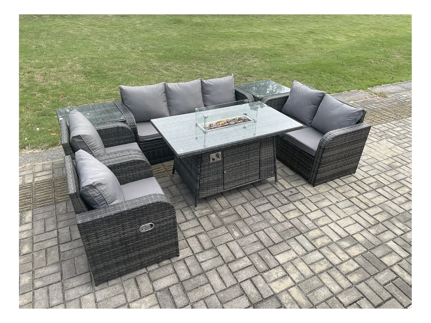 7-Sitzer Polyrattan Gartenmöbelset Gasfeuerstelle Esstisch und Sofa Sessel set mit 2 Beistelltischen