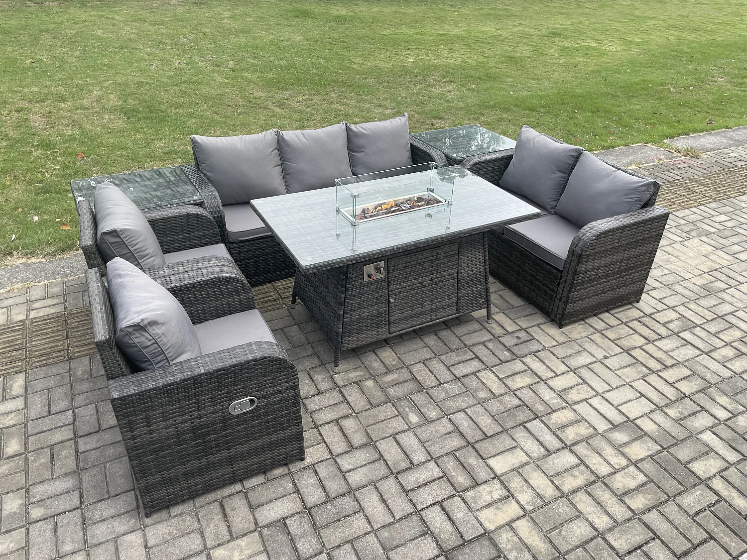 7 places Salon de jardin exterieur Table de foyer à gaz et Canapé Fauteuil avec 2 Tables d'appoint