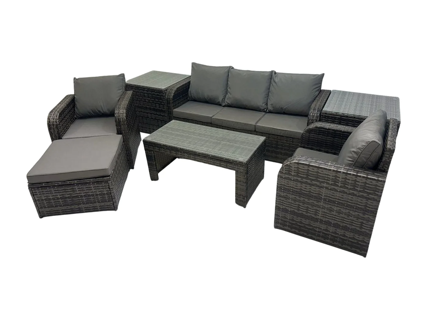 6-Sitzer Polyrattan Gartenmöbel Set mit Rechteckiger Couchtisch 2 Beistelltischen 2 Großer Hockern Patio Outdoor Rattansofa-Set