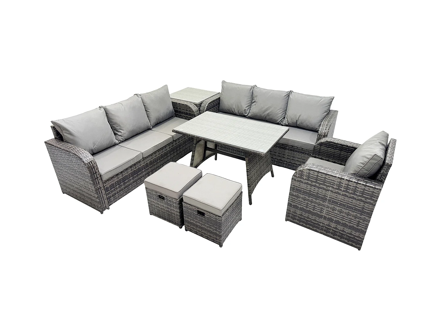 Ensemble de canapés en rotin Salon de jardin avec Table à manger rectangulaire Chaise inclinable Table d'appoint 2 Petits tabourets Gris foncé mixte