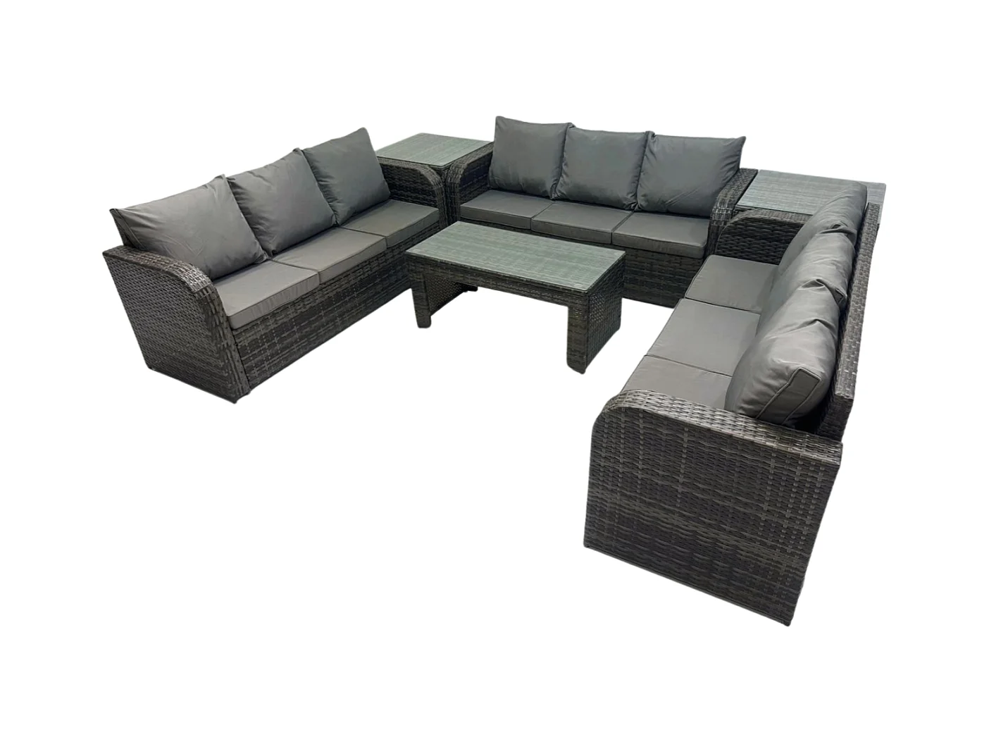 9 places Ensemble de canapés en rotin Salon de jardin avec Table basse rectangulaire 2 Tables d'appoint Canapé 3 places Gris foncé mixte