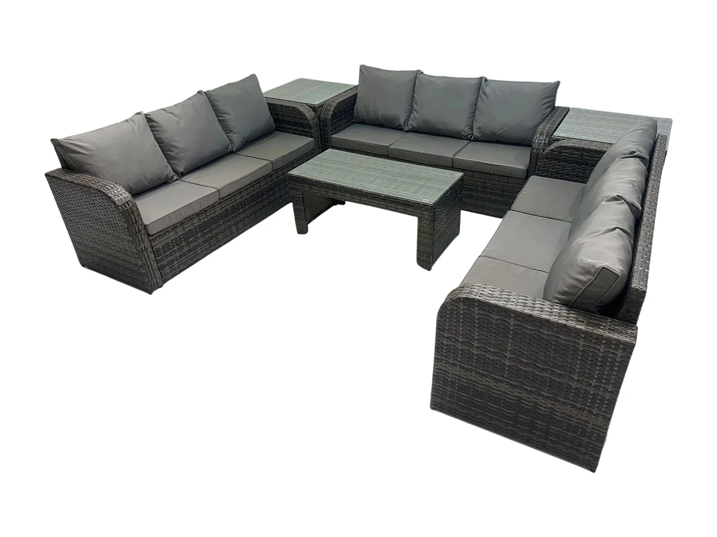 9-Sitzer Garten Sofa im Freien Set Polyrattan Gartenmöbel Set mit Rechteckiger Couchtisch 2 Beistelltischen 3-Sitzer Sofa Dunkelgrau Gemischt