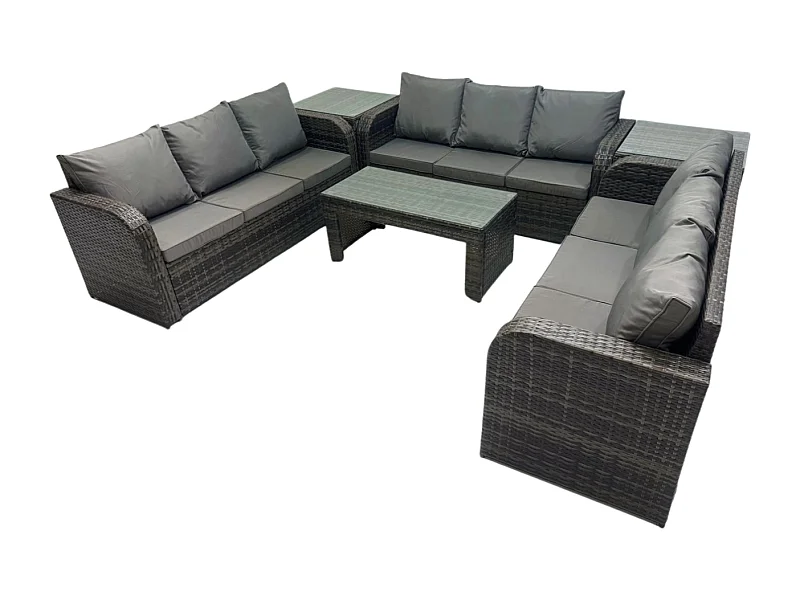 9-Sitzer Garten Sofa im Freien Set Polyrattan Gartenmöbel Set mit Rechteckiger Couchtisch 2 Beistelltischen 3-Sitzer Sofa Dunkelgrau Gemischt