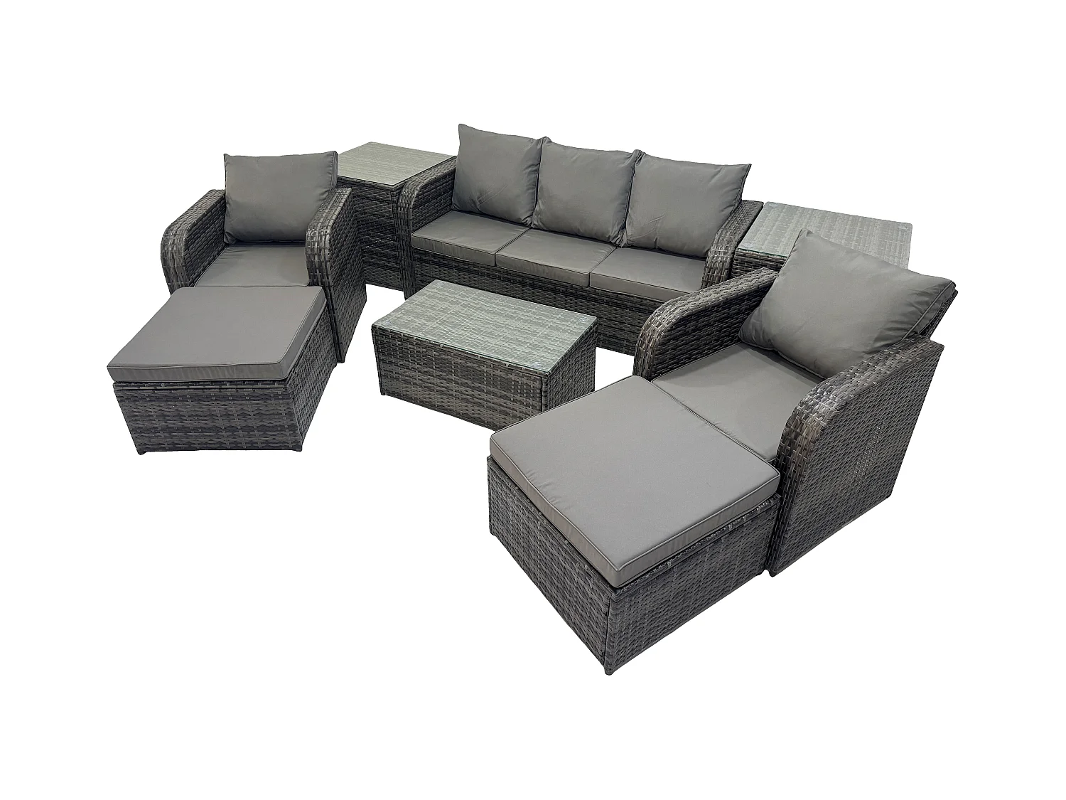 Salon de jardin avec Table basse rectangulaire 2 Grand tabourets Canapé 3 places 2 Tables d'appoint Gris foncé mixte