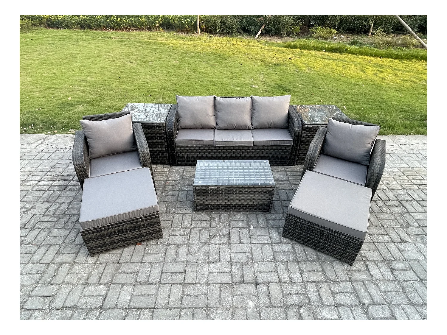 Salon de jardin avec Table basse rectangulaire 2 Grand tabourets Canapé 3 places 2 Tables d'appoint Gris foncé mixte