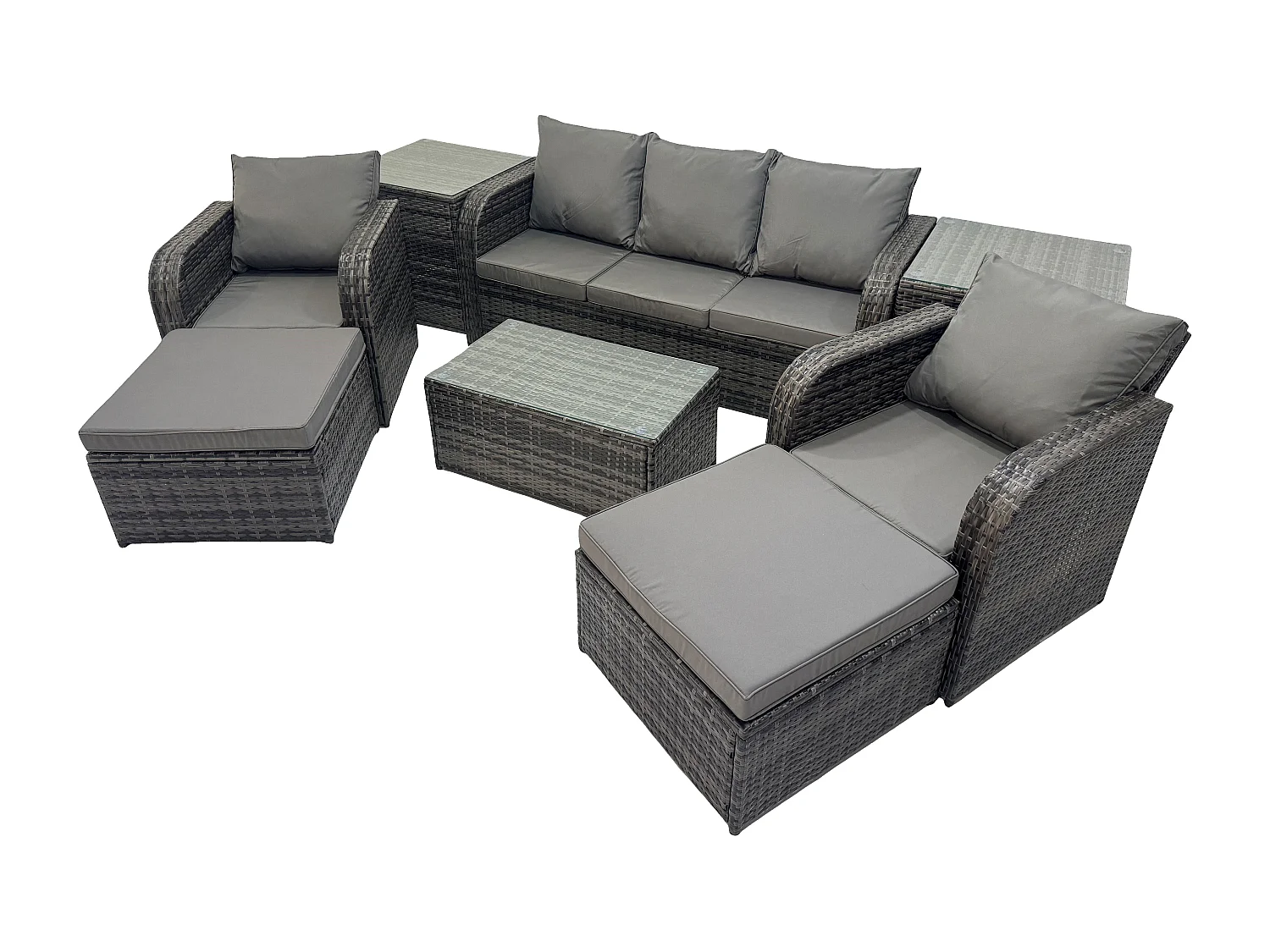 Salon de jardin avec Table basse rectangulaire 2 Grand tabourets Canapé 3 places 2 Tables d'appoint Gris foncé mixte