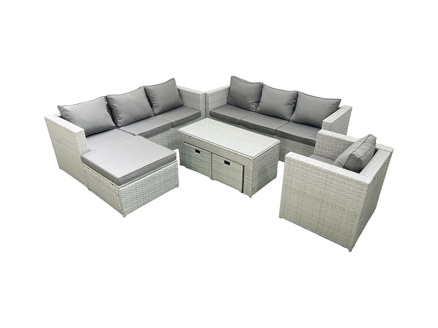 Polyrattan Gartenmöbel-Set im Freien mit Rechteckiger Couchtisch Sessel 3 Hockern Hellgrau gemischt