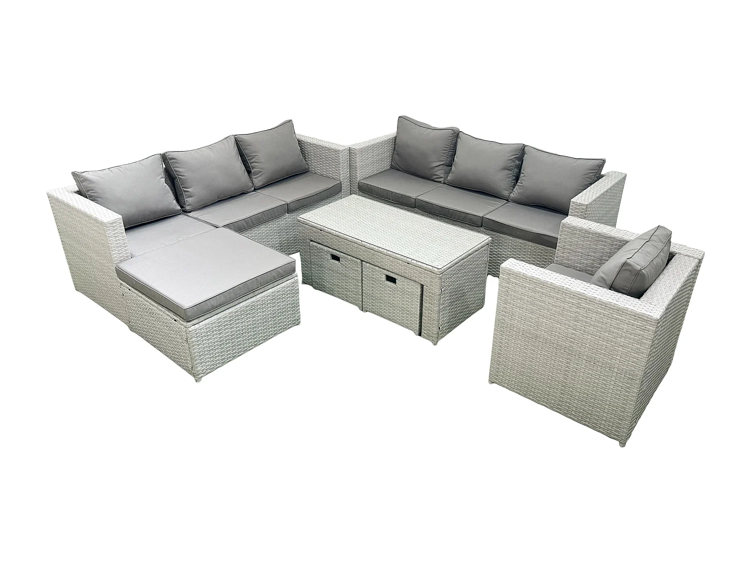 Meubles d'extérieur en rotin avec Table basse oblongue Fauteuil 3 Tabourets Gris clair mixte