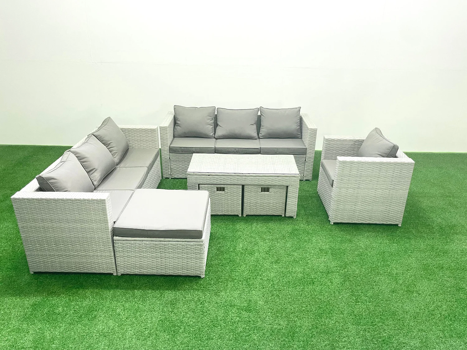 Meubles d'extérieur en rotin avec Table basse oblongue Fauteuil 3 Tabourets Gris clair mixte