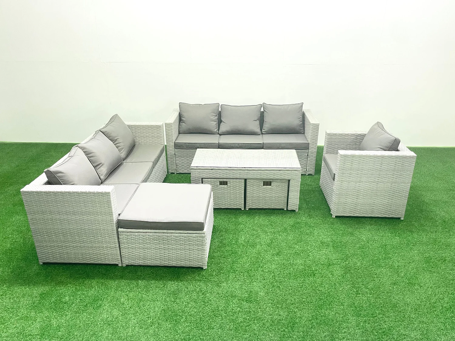 Meubles d'extérieur en rotin avec Table basse oblongue Fauteuil 3 Tabourets Gris clair mixte